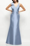 Alfred Sung Deep V-back Satin Trumpet Dress With Cascading Bow At One Shoulder In Cloudy