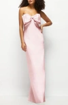 Alfred Sung Strapless Satin Column Maxi Dress With Oversized Handcrafted Bow In Ballet Pink