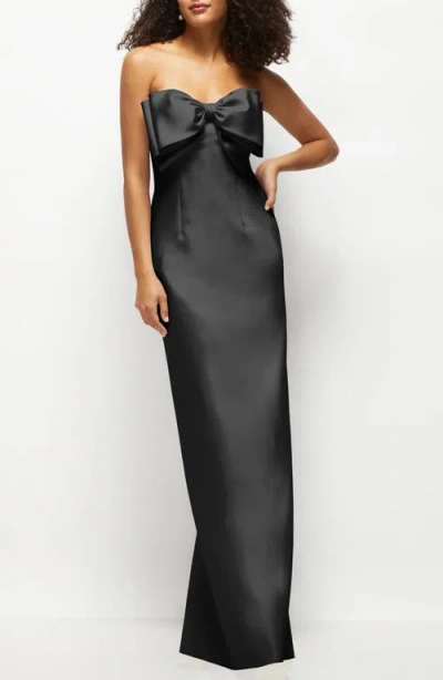 Alfred Sung Strapless Satin Column Maxi Dress With Oversized Handcrafted Bow In Black
