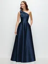 Alfred Sung Bow One-shoulder Full A-line Satin Maxi Dress In Midnight