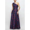 Alfred Sung Bow One-shoulder Jacquard Ballgown In Blue