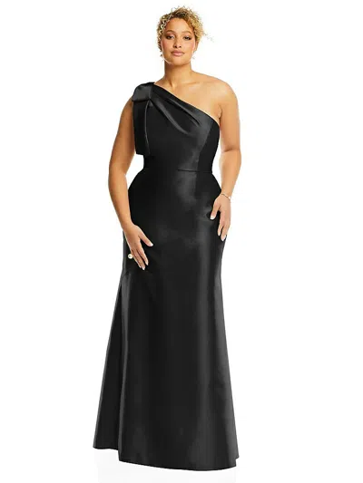 Alfred Sung Bow One-shoulder Satin Trumpet Gown In Black