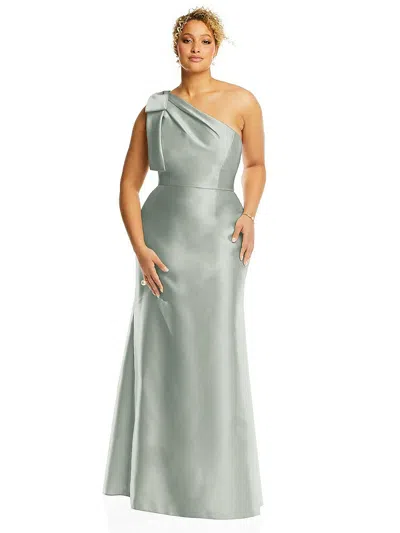 Alfred Sung Bow One-shoulder Satin Trumpet Gown In Gray