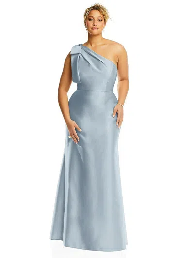 Alfred Sung Bow One-shoulder Satin Trumpet Gown In Blue