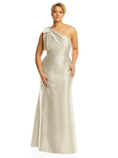 Alfred Sung Bow One-shoulder Satin Trumpet Gown In Neutral