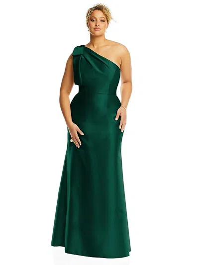 Alfred Sung Draped One-shoulder Satin Maxi Dress With Pockets In Green