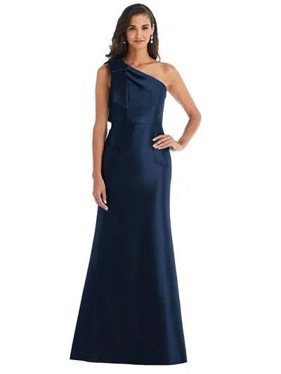 Alfred Sung Bow One-shoulder Satin Trumpet Gown In Blue