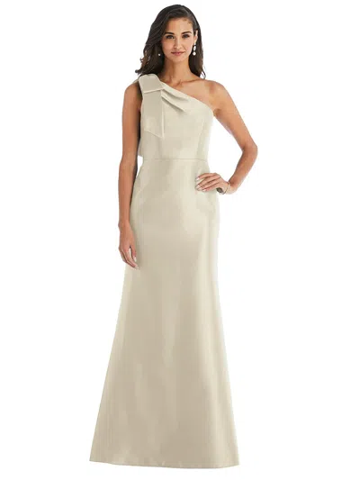 Alfred Sung Bow One-shoulder Satin Trumpet Gown In White
