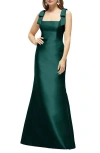 Alfred Sung Satin Fit And Flare Maxi Dress With Shoulder Bows In Evergreen