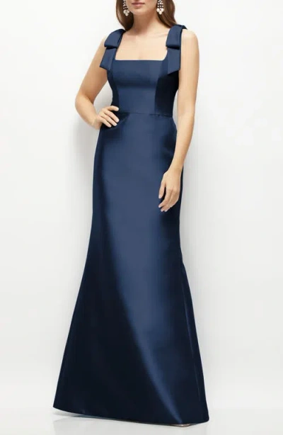 Alfred Sung Bow Strap Satin Twill Trumpet Gown In Midnight