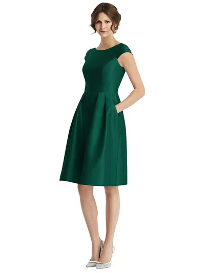 ALFRED SUNG CAP SLEEVE PLEATED COCKTAIL DRESS WITH POCKETS