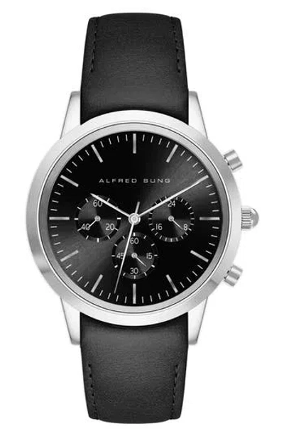 Alfred Sung Chronograph Leather Strap Watch, 42mm In Black Strap Black Dial