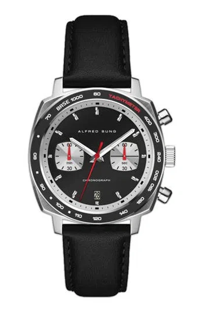 Alfred Sung Chronograph Quartz Leather Strap Watch, 44mm In Black