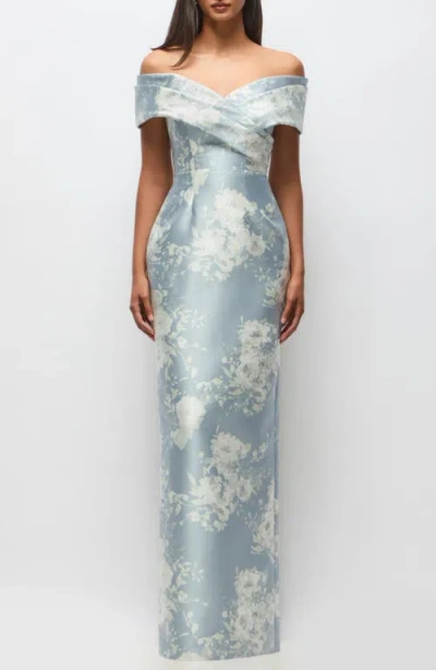 Alfred Sung Constance Off The Shoulder Column Gown In Blue