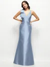 Alfred Sung Deep V-back Satin Trumpet Dress With Cascading Bow At One Shoulder
