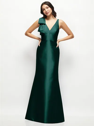 Alfred Sung Deep V-back Satin Trumpet Dress With Cascading Bow At One Shoulder In Green