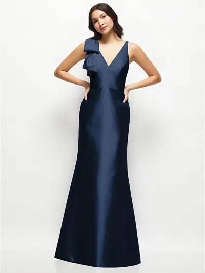 Alfred Sung Deep V-back Satin Trumpet Dress With Cascading Bow At One Shoulder In Midnight
