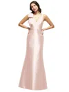 Alfred Sung Deep V-back Satin Trumpet Dress With Cascading Bow At One Shoulder In Pink