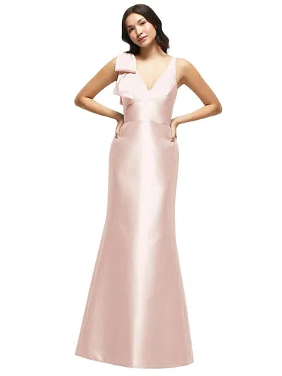 Alfred Sung Deep V-back Satin Trumpet Dress With Cascading Bow At One Shoulder In Pink