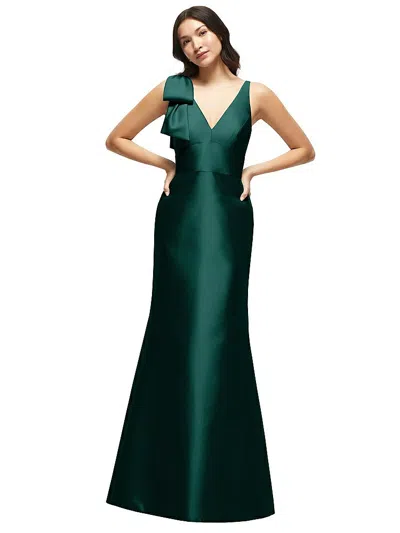 Alfred Sung Deep V-back Satin Trumpet Dress With Cascading Bow At One Shoulder