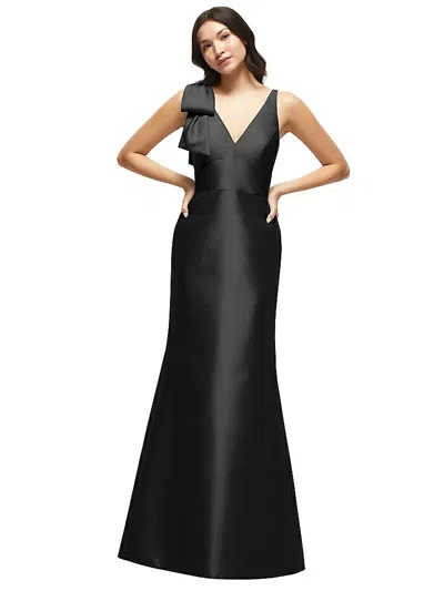 Alfred Sung Deep V-back Satin Trumpet Dress With Cascading Bow At One Shoulder