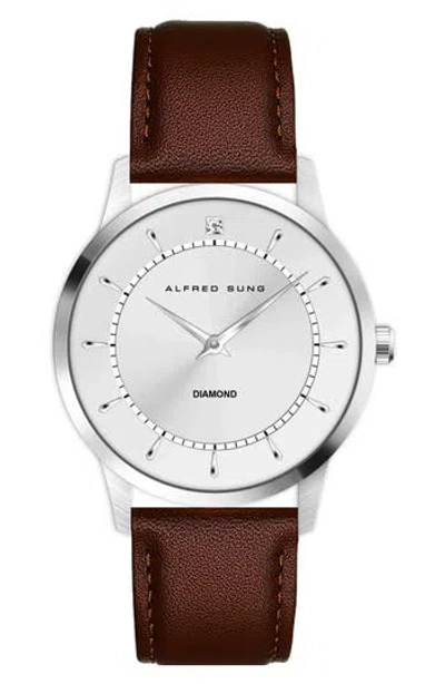 Alfred Sung Diamond Dial Leather Strap Watch, 42mm In Brown Strap Silver Dial