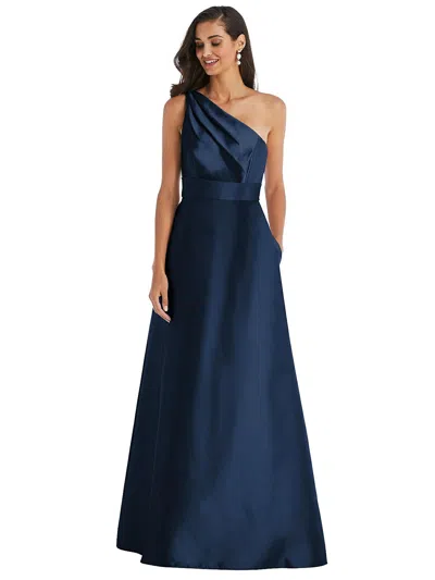 Alfred Sung Draped One-shoulder Satin Maxi Dress With Pockets In Blue