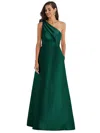 Alfred Sung Bow One-shoulder Satin Trumpet Gown In Green
