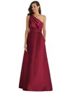 ALFRED SUNG DRAPED ONE-SHOULDER SATIN MAXI DRESS WITH POCKETS