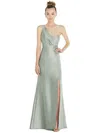 Alfred Sung Draped One-shoulder Satin Trumpet Gown With Front Slit