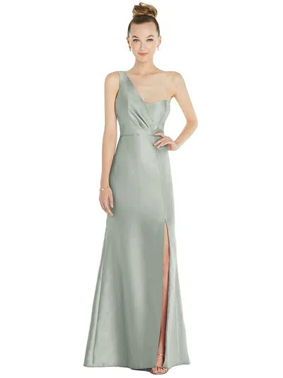 Alfred Sung Draped One-shoulder Satin Trumpet Gown With Front Slit
