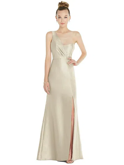 Alfred Sung Draped One-shoulder Satin Trumpet Gown With Front Slit In Neutral