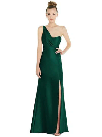 Alfred Sung One-shoulder Satin Twill Trumpet Gown In Hunter Green