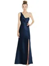 ALFRED SUNG DRAPED ONE-SHOULDER SATIN TRUMPET GOWN WITH FRONT SLIT