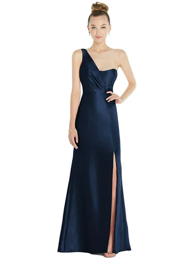 ALFRED SUNG DRAPED ONE-SHOULDER SATIN TRUMPET GOWN WITH FRONT SLIT