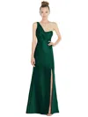 Alfred Sung Draped One-shoulder Satin Trumpet Gown With Front Slit In Multi