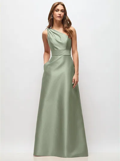 Alfred Sung Draped One-shoulder Satin Maxi Dress With Pockets In Green