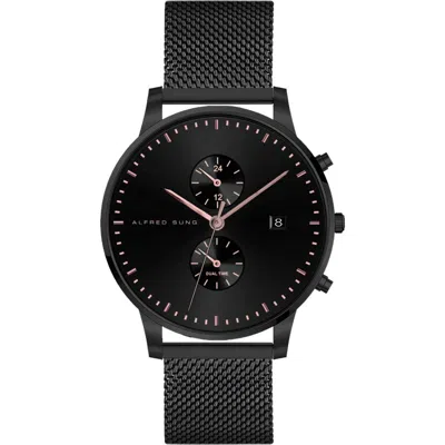 Alfred Sung Dual Time Mesh Strap Watch, 42mm In Black