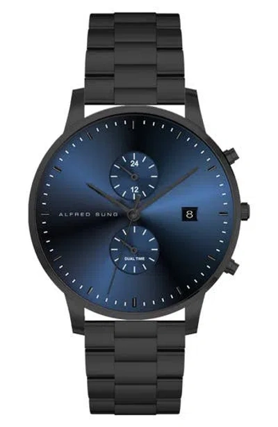 Alfred Sung Dual Time Quartz Bracelet Watch, 42mm In Black Bracelet Blue Dial