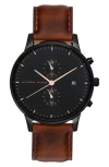 Alfred Sung Dual Time Quartz Leather Strap Watch, 42mm In Brown Strap Black Dial