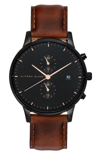 Alfred Sung Dual Time Quartz Leather Strap Watch, 42mm In Brown Strap Black Dial