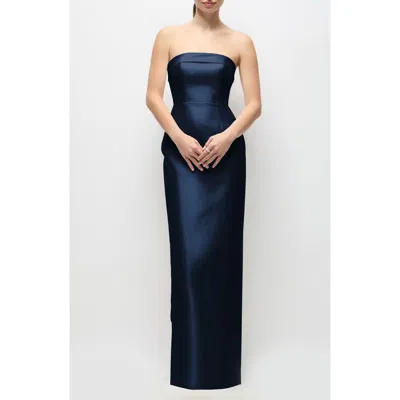 Alfred Sung Eliza Bow Back Strapless Satin Column Gown In Blue