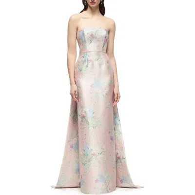 Alfred Sung Esme Floral Strapless Satin Twill Gown With Removable Train In Pink