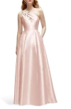 Alfred Sung Floral Appliqué One-shoulder Satin Gown In Blush