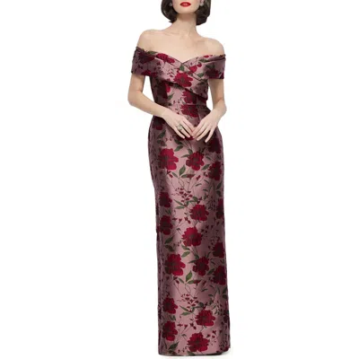 Alfred Sung Floral Brocade Off The Shoulder Gown In Multi