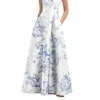 ALFRED SUNG FLORAL LACE-UP BACK BUSTIER SATIN DRESS WITH FULL SKIRT AND POCKETS