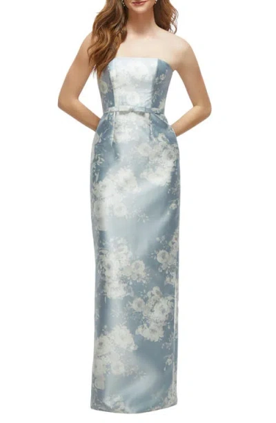Alfred Sung Floral Strapless Bow Belt Satin Twill Column Gown