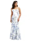 ALFRED SUNG FLORAL STRAPLESS SATIN FIT AND FLARE DRESS WITH CRUMB-CATCHER BODICE