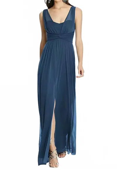 Alfred Sung Full Length Chiffon Knit Shirred Strap Bridesmaid Dress In Sofia Blue