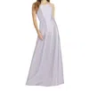 Alfred Sung Halter Neck Satin Crisscross Gown In Moondance In Silver